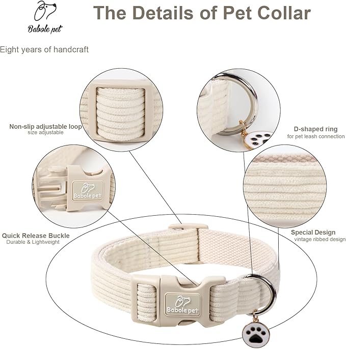 Cute Corduroy Dog Collar - White Adjustable Dog Collars for Small Dogs 10-25lbs, Fade-Proof with Secure Snap & Little Charm, Christmas Birthday Gift, S