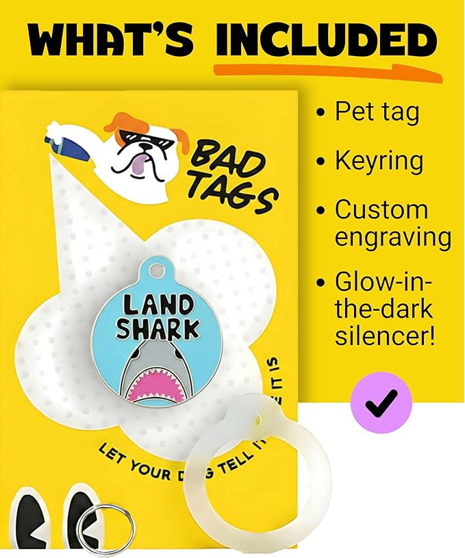 Bad Tags Personalized Dog and Cat ID Tags in 25+ Designs and 2 Sizes - 5 Lines of Custom Engraved Text - Funny Cute Personalized Pet Tags (Land Shark, Large (1.25 inch))