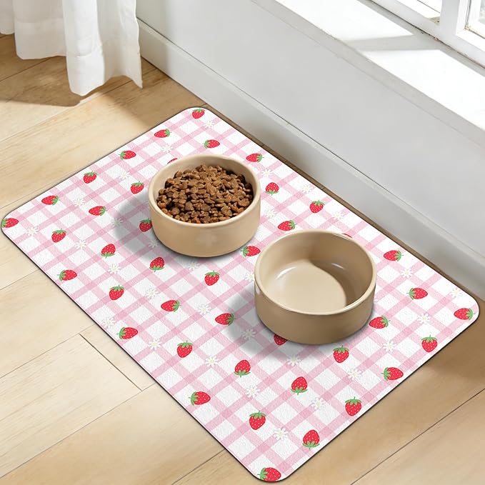 Dog Food Mat for Bowls, Absorbent Quick Dry Dog Cat Mats for Food and Water, Non-Slip Backing Pet Mat Pet Supplies - Strawberry Pattern