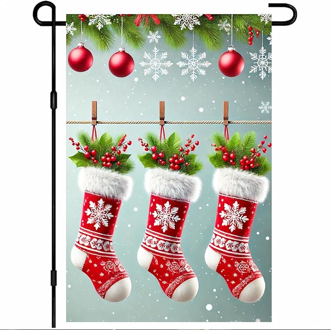 Christmas Garden Flag Three Stockings Winter Garden Flag 12x18 Inch Double Sided Outdoor Decoration for Holiday Season Yard Porch Lawn Display Festive Snowflake Banner