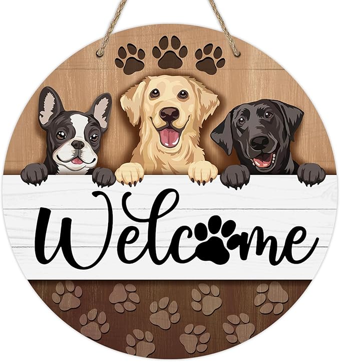 Deroro Welcome Dogs Front Door Sign, Paw Prints Wood Door Hanger Outdoor Outside Porch Decor Pet Lover Owner Gifts, Labrador Golden Retriever Farmhouse Wooden Wreath Indoor Wall Hanging Decoration