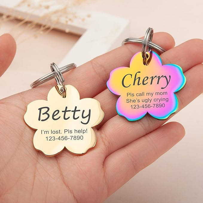 Anavia Personalized Pet ID Tags, Stainless Steel Glossy Laser Engraved Dog Cat Collar Name Tags, Multiple Colors Shapes Sizes (Cherry Blossom, Small)