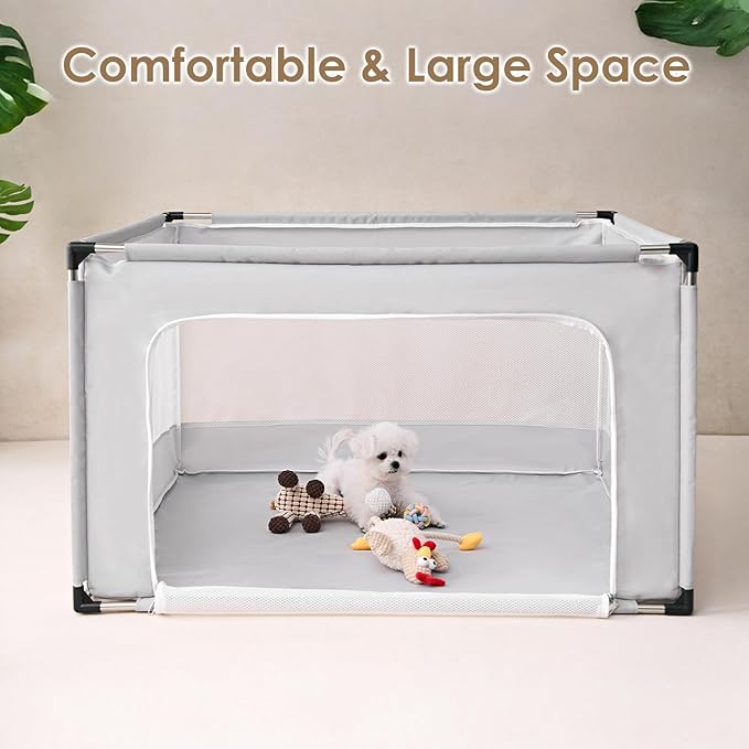 EHEYCIGA 42x42x26 Inches Puppy Playpen Without Top Cover for Dogs & Cats Indoor or Outdoor - Dog Playpen with Door, Dog Fence for Small Animal with Heavy-Duty Oxford & Steel Frame, Sliver Grey