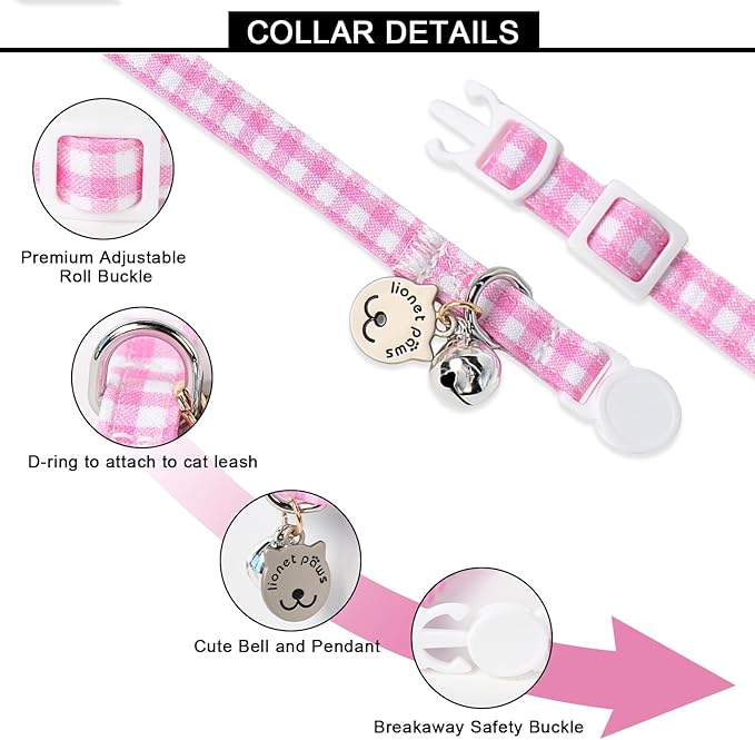 Lionet Paws 2pcs Pack Cotton Cat Collar,Breakaway Buckle with Green Pink Grid and Brand Pendant Cute Adjustable Cat Kitten Collar,Ideal for Girl Cats Boy Cats