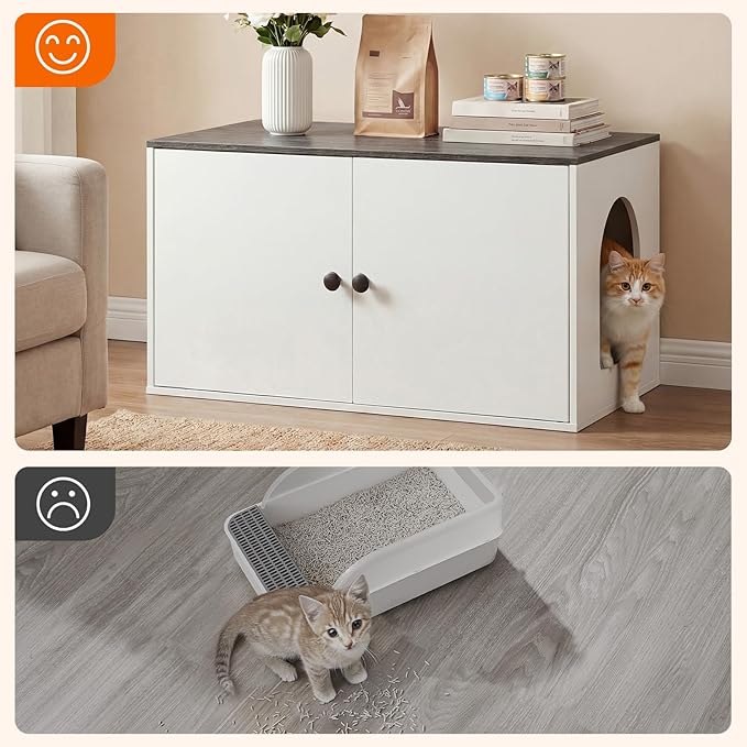 HOOBRO Cat Litter Box Enclosure, Hidden Litter Box Furniture with Side Entry, Litter Box Cabinet, Indoor Cat House, End Side Table, 31.5" L x 17.7" W x 16.3" H, White and Charcoal Gray BW40MW01