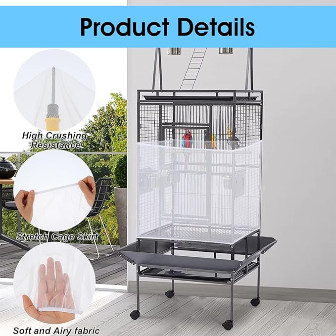 2PCS Bird Cage Seed Catcher, Nylon Adjustable Elastic Bird Cage Net Cover Skirt Guard, Universal Birdcage Accessories for Parrot Canary Parakeet Cockatiel Budgie Quail (Black, White)