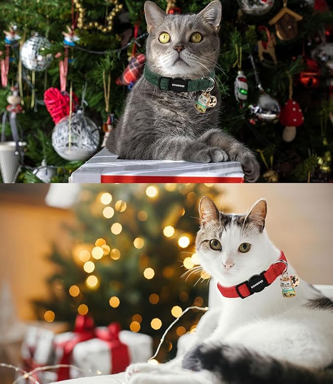 Cat Collar,2 Pack Holiday Cat Collars Breakaway with Bell, DOGWONG Safety Buckle Red Green Christmas Cat Collar for Girl Boy Cats and Small Dogs，Adjustable 7-12 Inch,Pet Supplies Accessories