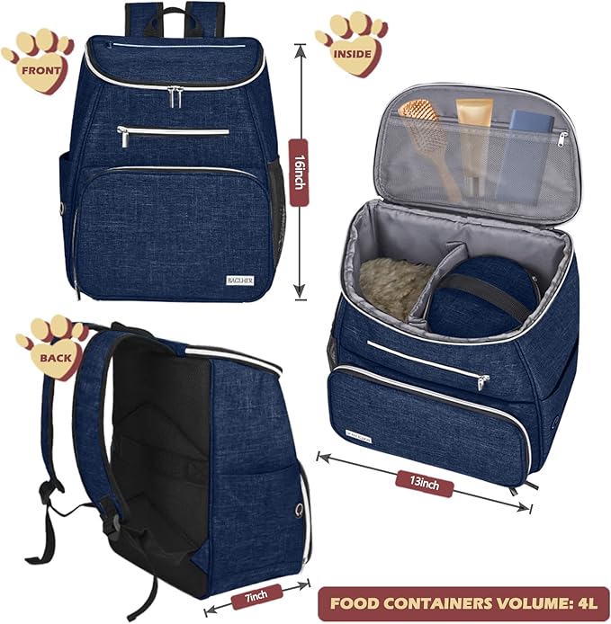 BAGLHER丨Dog Travel Bag Backpack, Airline Approved Pet Supplies Backpack, Dog Travel Bag with 2 Silicone Collapsible Bowls and 2 Food Baskets Dark Blue