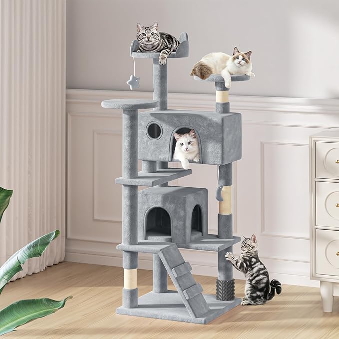 MoNiBloom 54 Inch Cat Tree Tower for Indoor Cats Large Adults, Cat Tower with Scratching Post, Multi-Level Furniture Activity Center with Cat Condo Pet Play House, Light Grey