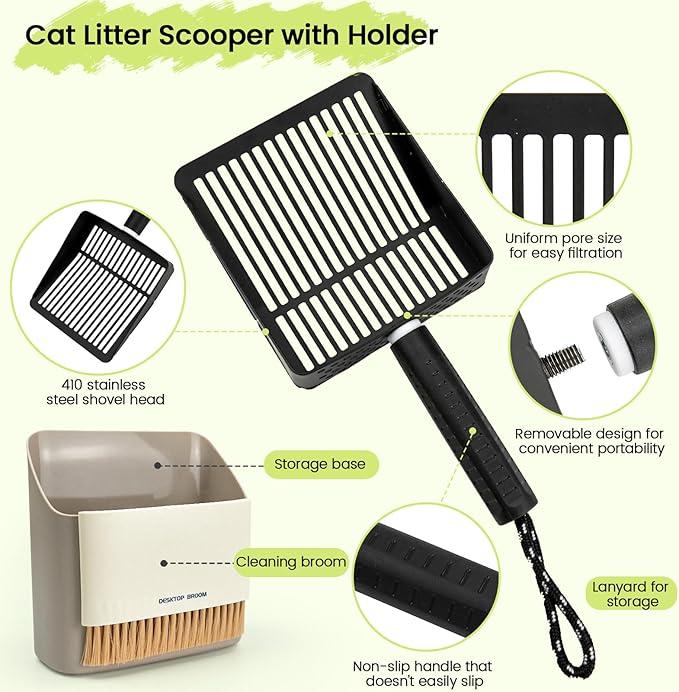 Metal Cat Litter Scooper with Holder, Stainless Steel Metal Litter Scoop Includes Portable Small Broom and Dustpan Set, Speed Sifter Cat Litter Scoop Captures All Clumps, Non-Slip Handle, Easy Clean