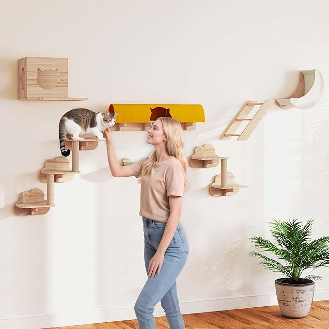 13-in-1 Cat Wall Shelves and Perches, Floating Cat Shelves, Solid Wood Wall Mounted Cat Furniture, Cat Climbing Shelves with Moon Hammock, House, Wall Ladder, Scratching Post and Cat Tunnel