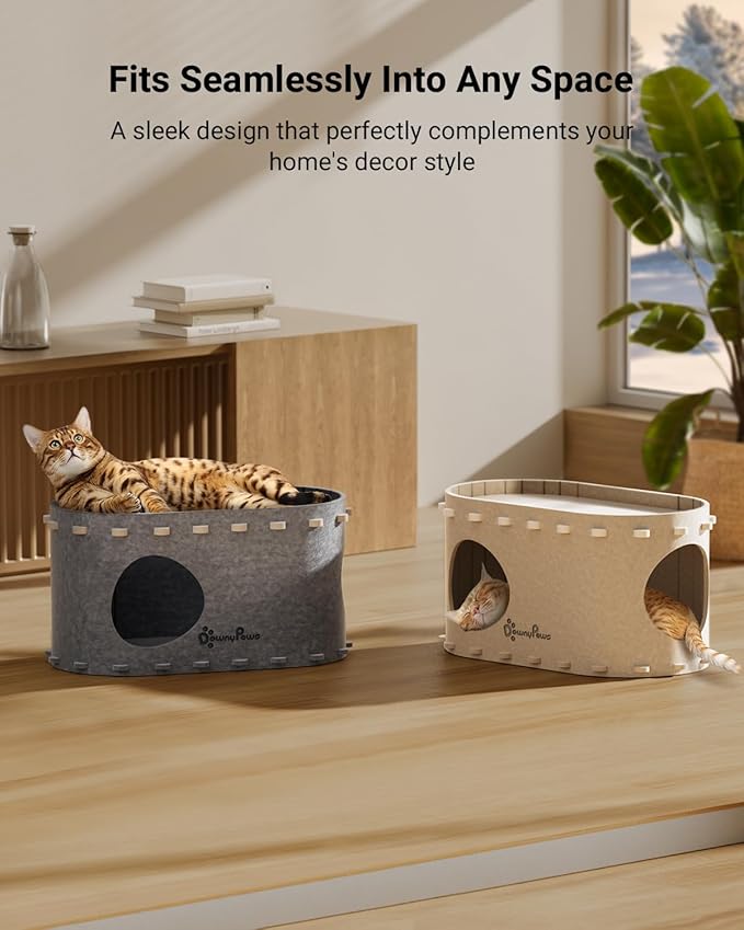 DownyPaws Cat House for Indoor Cats, Cat Bed Cave for Multiple & Large Cats Up to 22 Lbs, Scratch Resistant, Foldable Peekaboo Kitten Caves Tunnel Enclosed Bed, PeekaPurr, Cream
