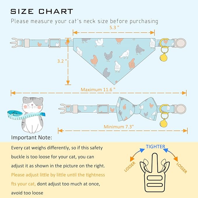 Faygarsle 2 Pack Chicken Pattern Cat Collar Set with Bandana and Bowtie, Light Blue, Breakaway Safety Clasp with Bell