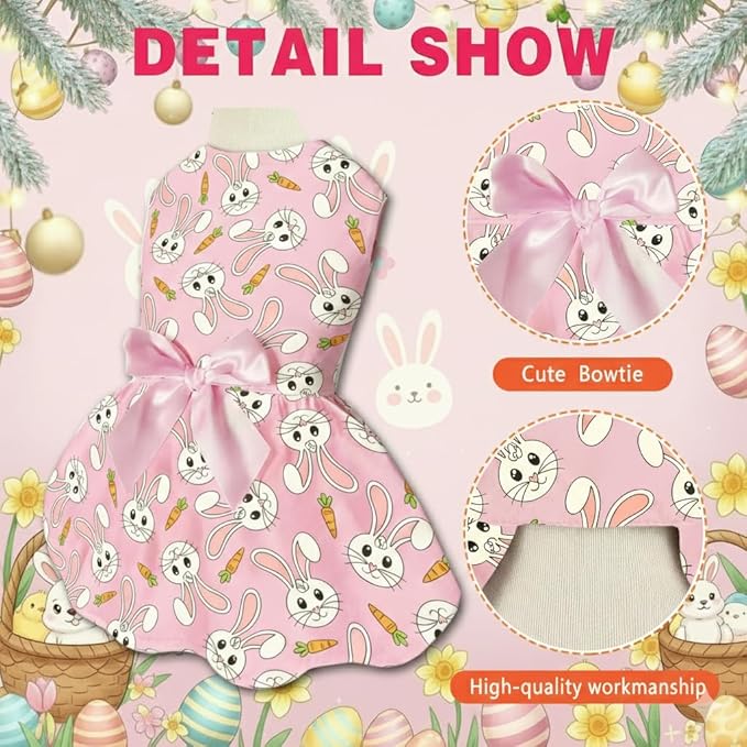Easter Dog Dress with Pink Bunny Print, Cute Spring Pet Skirt for Small Dogs and Puppies, Soft Comfortable Outfit for Holiday