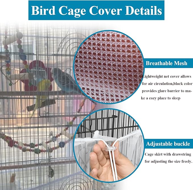 ASOCEA Large Bird Cage Seed Cather,Bird Cage Cover Adjustable Soft Airy Skirt Guard Birdcage Nylon Mesh Net for Parrot Parakeet Macaw African Round Square Cages Cover (118 * 31.5in/300 * 80cm) (White)