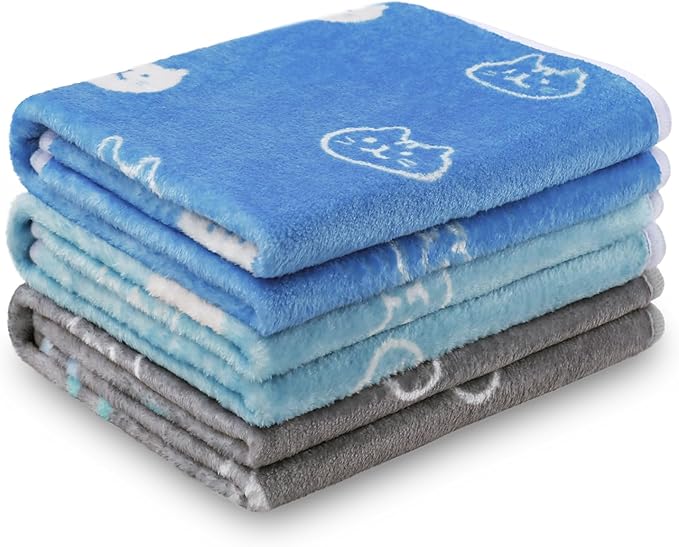 1 Pack 3 Blankets Super Soft Fluffy Premium Cute Cat Pattern Pet Blanket Flannel Throw for Dog Puppy Kitten Blue/Cyan/Grey Small(23x16 inch)