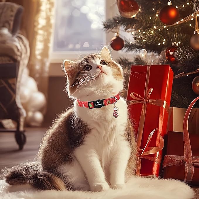 2 Pack Christmas Cat Collars - Breakaway Cat Collar with Bell, Christmas Wreath and Tree Pendant, Winter Adjustable Kitten Collars for Girl Boy Cats, Pink&Plaid
