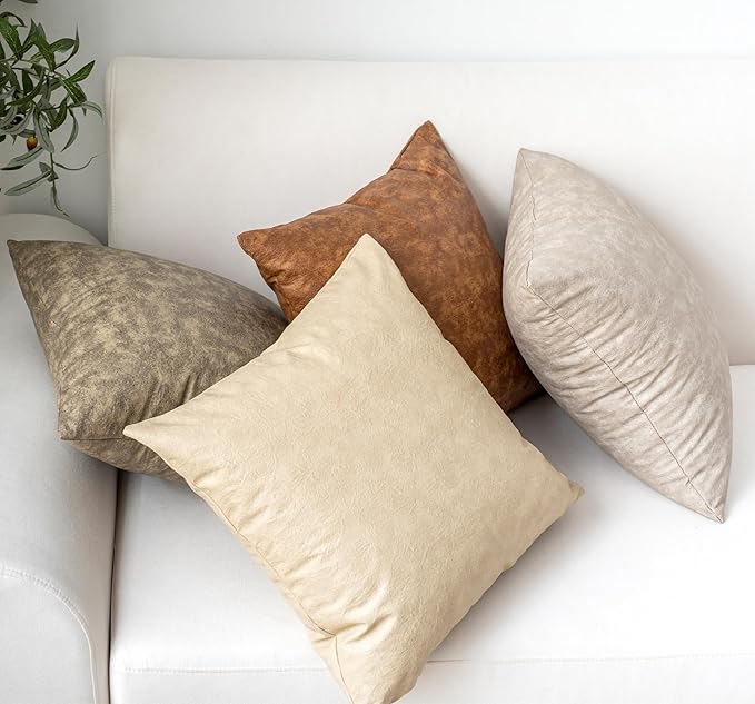 Pack of 4 Neutral Decorative Faux Leather Throw Pillow Covers 20x20 inch, Soft Modern Boho Luxury Waterproof Floor Cushion Cases, for Outdoor Lounge Sofa Couch Bed Home Decor