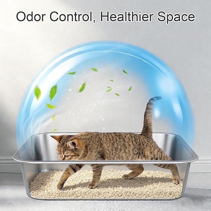 Large Stainless Steel Litter Box with High Sided, Metal Cat Litter Box, Odor-Free Non-Stick Litterbox Pan, Easy to Clean Pet Supplies Toilet Tray for Indoor Cats, Kittens or Multicat Homes