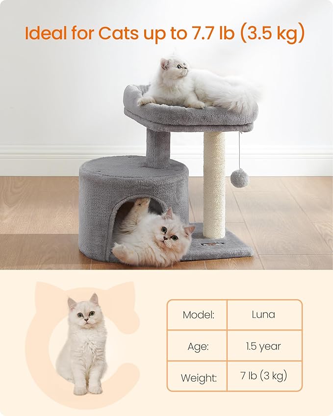Feandrea Cat Tree, Small Cat Tower with Sisal Scratching Post, Plush Condo with Padded Perch, for Small Spaces, Kittens, Light Gray UPCT50W