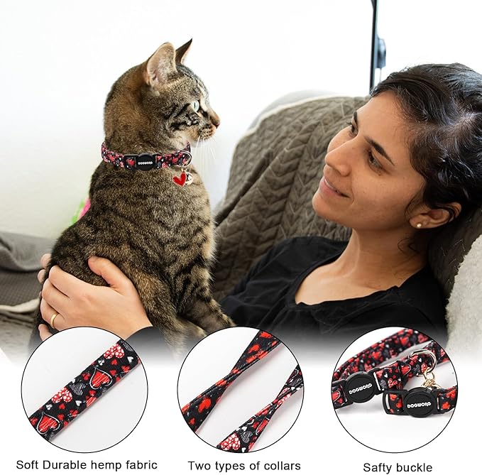 Cat Collar,2 Pack Cat Collars Breakaway with Bell, DOGWONG Safety Buckle Valentine's Day Cat Collar Cute Heart for Girl Boy Cats and Small Dogs，Adjustable 7-12 Inch,Pet Supplies Accessories