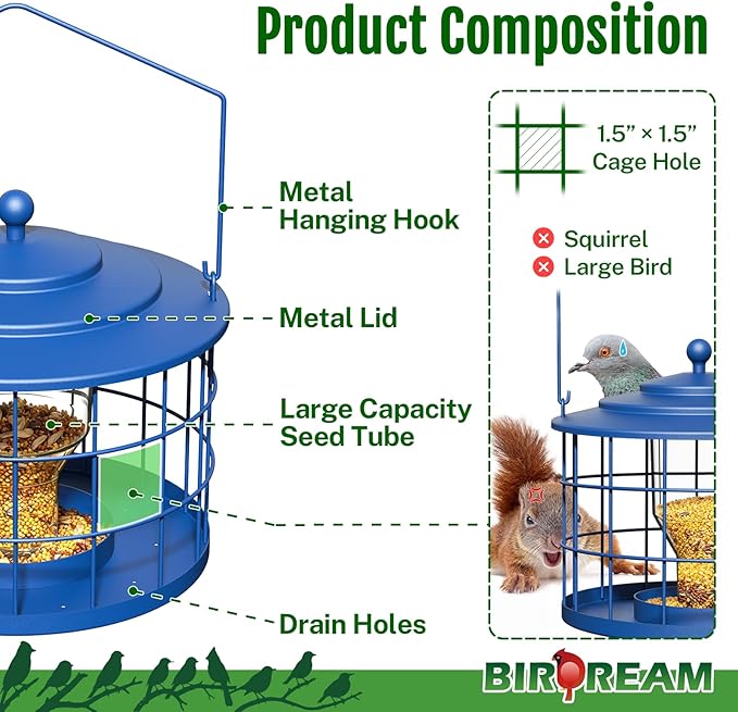 Squirrel Proof Bird Feeder, Metal Cage Bird Feeder for Outdoors Hanging, Starling Resistant Design for Small Birds, Weatherproof with Drain Holes, Easy to Refill, Blue