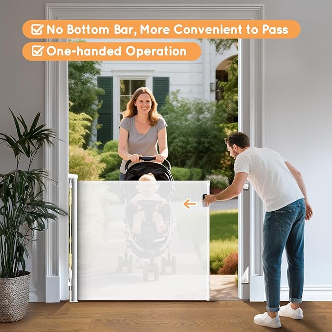Retractable Baby Gate for Stairs, 71" Wide Mesh Pet Gate, Automatic Tension, One-Hand Operation, 38" Tall Baby Gates for Doorways, Hallways, Deck, Indoor Outdoor, Safe, Easy to Fit, White