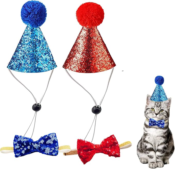 Christmas Pet Party Jazz Hat and Blingbling Bow Tie Breakaway Collar Set, Adjustable Headband for Kitten Puppy Small Dogs Cats (Royal+Red)