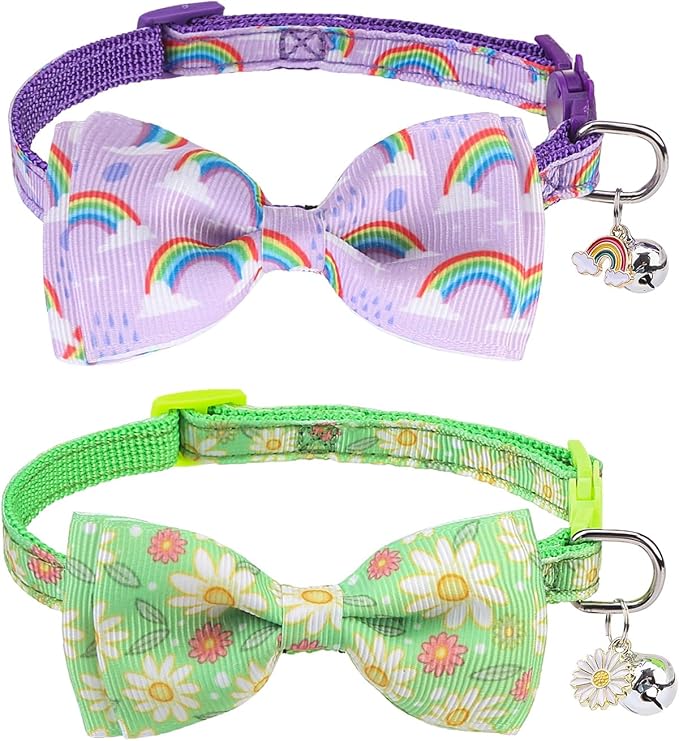 SCENEREAL Cat Collar with Bells, 2 Pcs Breakaway Cat Collars with Adustable Bowtie, Safety Kitten Collar for Boy Girl Cats Puppy, Cute Spring Summer Rainbow & Floral Pet Collar, Green & Purple