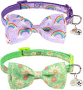 SCENEREAL Cat Collar with Bells, 2 Pcs Breakaway Cat Collars with Adustable Bowtie, Safety Kitten Collar for Boy Girl Cats Puppy, Cute Spring Summer Rainbow & Floral Pet Collar, Green & Purple