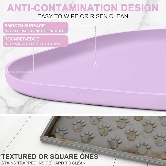 Silicone Pet Food Mat with Raised Edge for Food and Water Bowl, Dog Feeding Mats, Cat Food Trays for Floor Waterproof, Rubber Tray for Dogs and Cats, 19 x 12 x 0.7 Lavender