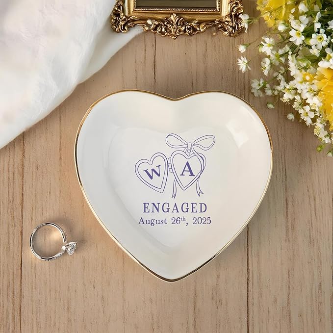 Personalized Locket Wedding Ring Dish, Custom Initial Engaged Rings Holder, Custom Wedding Jewelry Tray, Married Trinket Dishs, Engagement Party Keepsake Gifts for Newly Engaged Couple