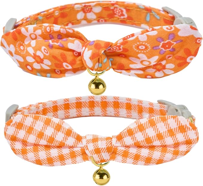 Bowtie Cat Collar with Bell 2 Pack Cotton Breakaway Kitten Collars with Removeable Bunny Ear Stylish Cat Collars(Floral Orange & Plaid)