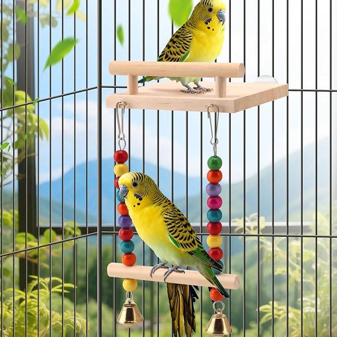 Natural Wood Bird Perch Swing - Cage Platform for Budgies, Cockatiels, Parakeets & Small Birds - Adjustable Play Rest Gym