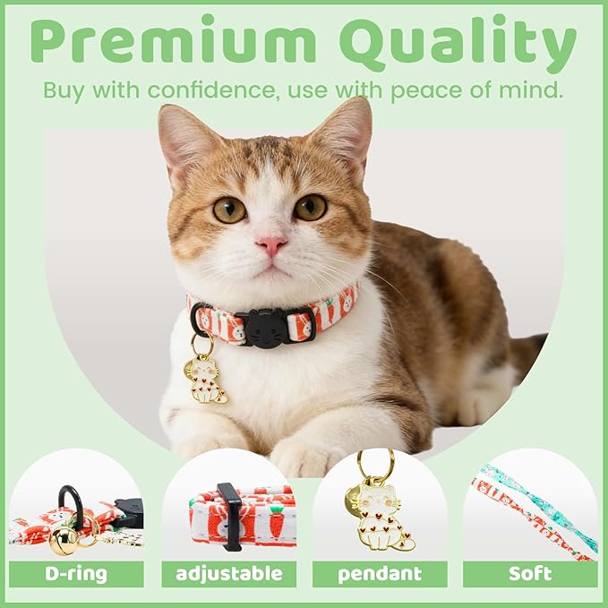 Easter Cat Collar-2 Pack Collars White and Orange Rabbit Print Breakaway with Kitten and Bell Pendant Safety Buckle Adjustable Pet Collar Gift for Cats and Small Pets