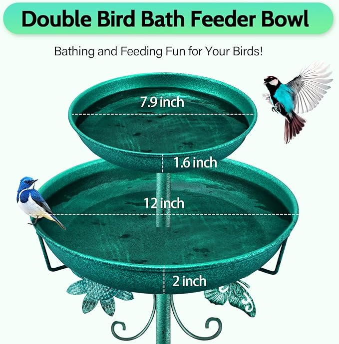 Daoeny Bird Bath for Outside, 42In Vintage Freestanding Birdbaths for Outdoors, Double Metal Bird Bath Feeder Bowls for Garden Patio Yard Lawn Decor, Upgraded 5-Pronged Base (Green)