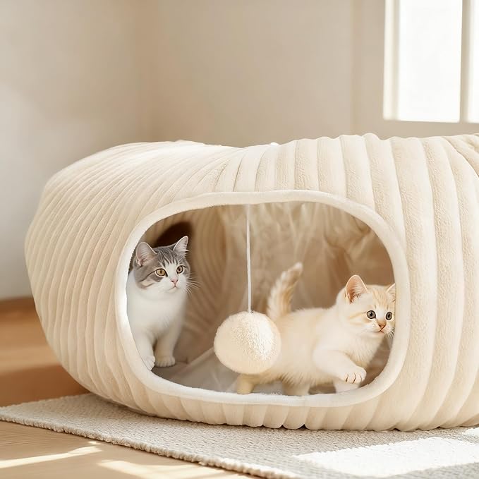 Cat Tunnel Bed with 40 Pcs Interactive Cat Toys, Cat Tube with Kitten Toys for Indoor Kittens, Collapsible Play Tunnel, White