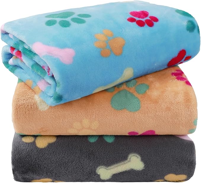 LINENLUX 1 Pack 3 Blankets Super Soft Fluffy Premium Fleece Dog Blankets for Puppy Cat Pet Blanket Flannel Throw Warm Sleep Bones and Claws 23x16 inches