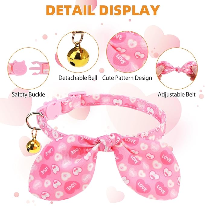 KOOLTAIL Girl Cat Collar Breakaway with Bowtie and Bells, 2 Pack Cute Kitten Collars, Pink Heart & Strawberry Design with Safety Buckle Adjustable for Small Large Girl Cats