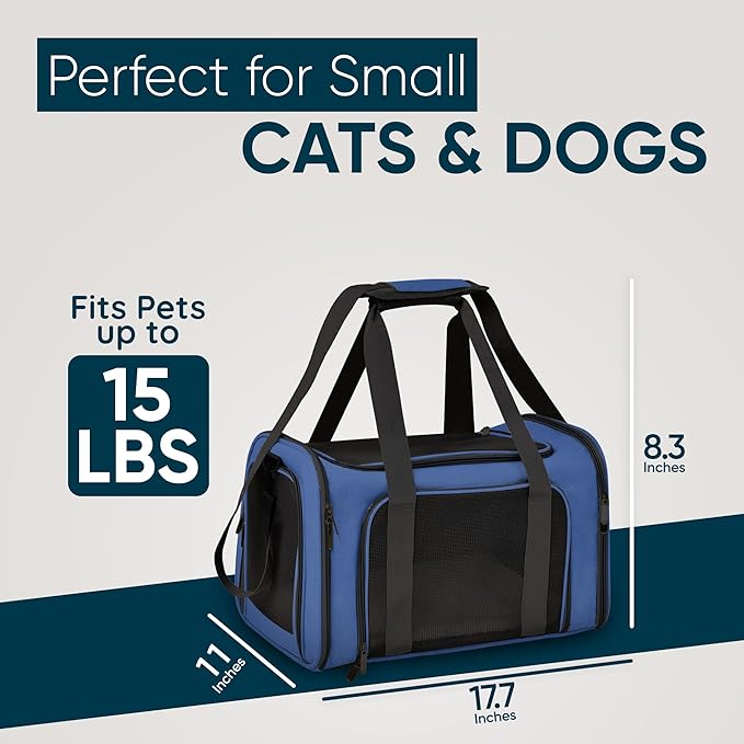Pet Travel Carrier Bag – Airline Approved Soft-Sided Dog & Cat Carrier, Foldable, Breathable Mesh, Washable Pad – Fits Pets up to 15 lbs – The Pup Quartet (Blue)