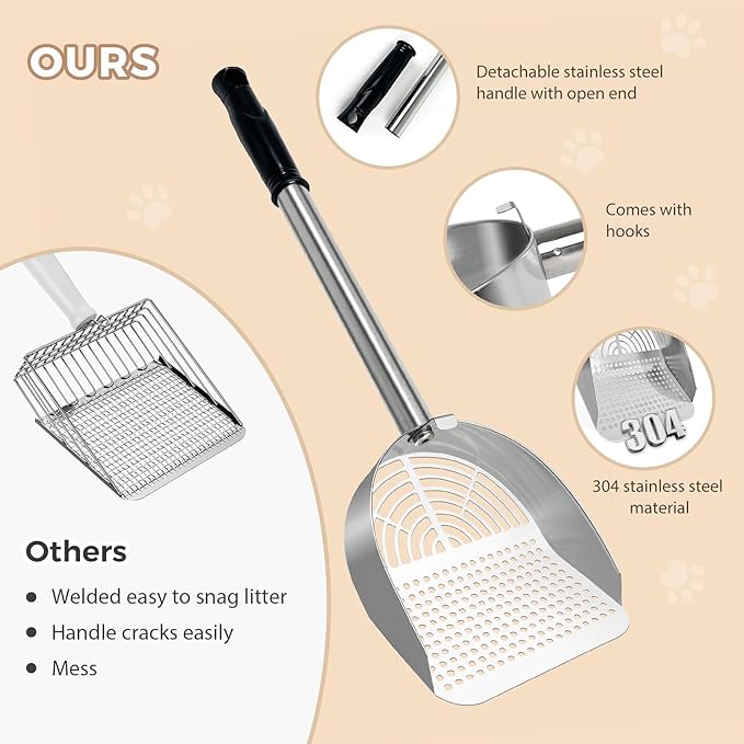 Cat Litter Scoop Deep Shovel, Detachable Long Handle Litter Scooper, Metal Cat Litter Scoop, Stainless Steel Cat Litter Scoop, Kitten Pooper Lifter, Kitty Metal Scooper with Holder Round Hole