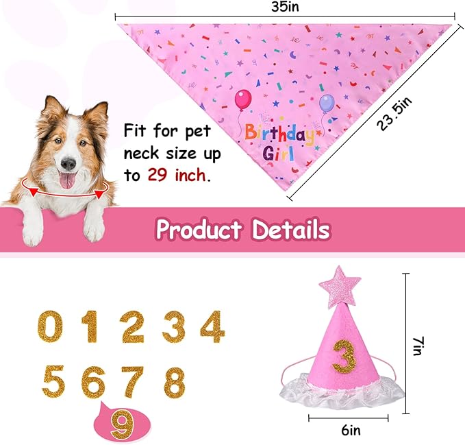 Dog Boy Girl Birthday Party Hat, Dog Birthday Party Supplies, Doggie Birthday Bandana Set with Numbers for Gaint and Extra Large Puppy (Pink)