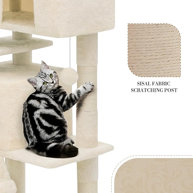 Athena Collection Multi-Level Cat Tree Center with 2 Cat Condo & Scratching Post & Dangling Ball, 54 Inch Tall Cat Tower, Beige