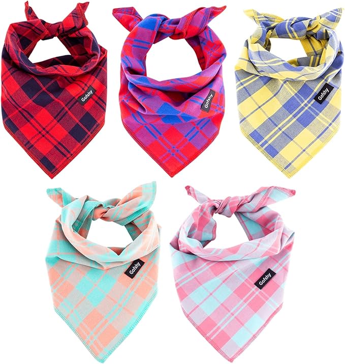 Small Dog Bandanas -5PCS Birthday Gift Puppy Bandana Vibrant Color Plaid Printing Adjustable Scarf Bib Handkerchief Accessories for Small XSmall Dog Cat pet