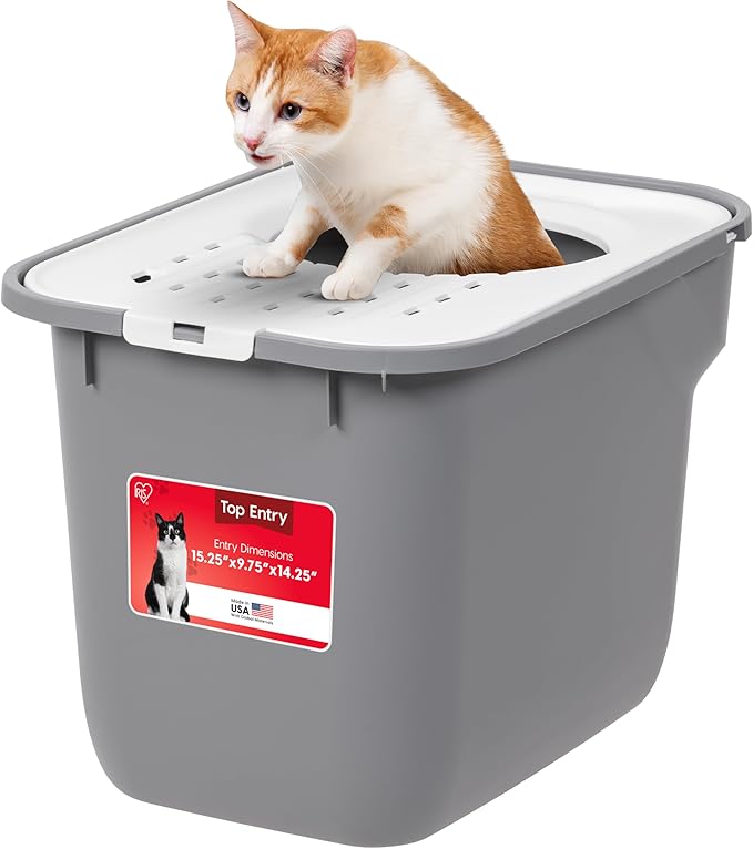 IRIS USA Cat Litter Box, Large Cat Box Enclosure, Top Entry with Litter Catching Lid, Enclosed, Gray/White
