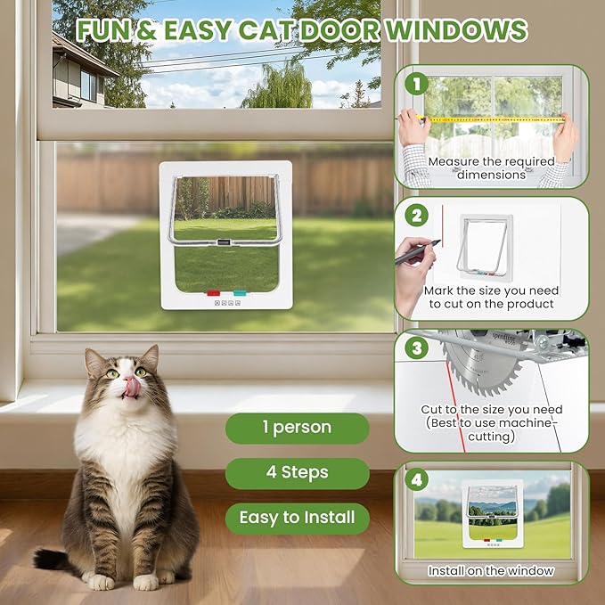 Cat Door for Window, 4 Locking Modes for Safety Cat Window Door, Fits 14"-24" Width Window, Durable Weatherproof design Cat Door, Magnetic Closure, Wider View, Pet Door With Safe & Comfortable for Cat