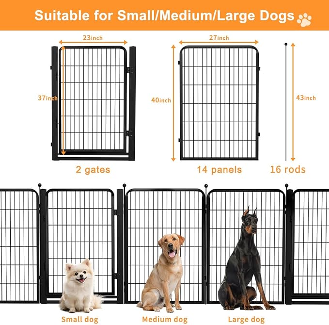 Dog Fence Outdoor Pens Outside,Portable Dog Play Pen 40" H 16 Panels Pet Playpen Exercise Pens for Puppys Small Medium Large Dogs RV Camping Yard Garden Indoor Low Threshold Wide Gate