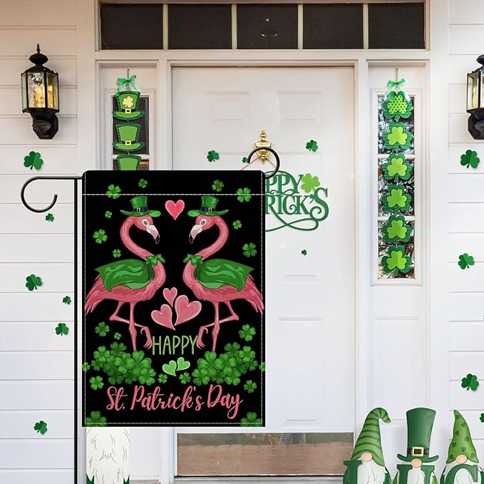 Dyrenson Happy St Patricks Day Flamingo Decorative Garden Flag, Lucky Shamrock Clover Black Yard Outside Home Decorations, Spring Irish Love Hearts Burlap Outdoor Small Decor Double Sided 12 x 18