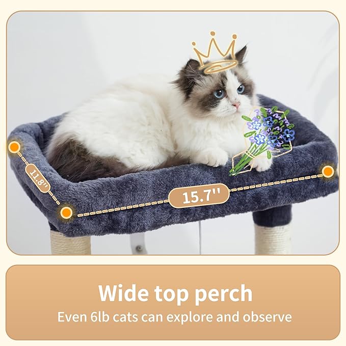 Heybly Cat Tree, Kitten Tower with Large Soft Cat Basket, Cat Condo with Spacious Cat Bed Cave with Hidden Space, Sisal-Covered Scratching Posts, Dangling Ball for Indoor Cats, Smoky Gray HCT008SG