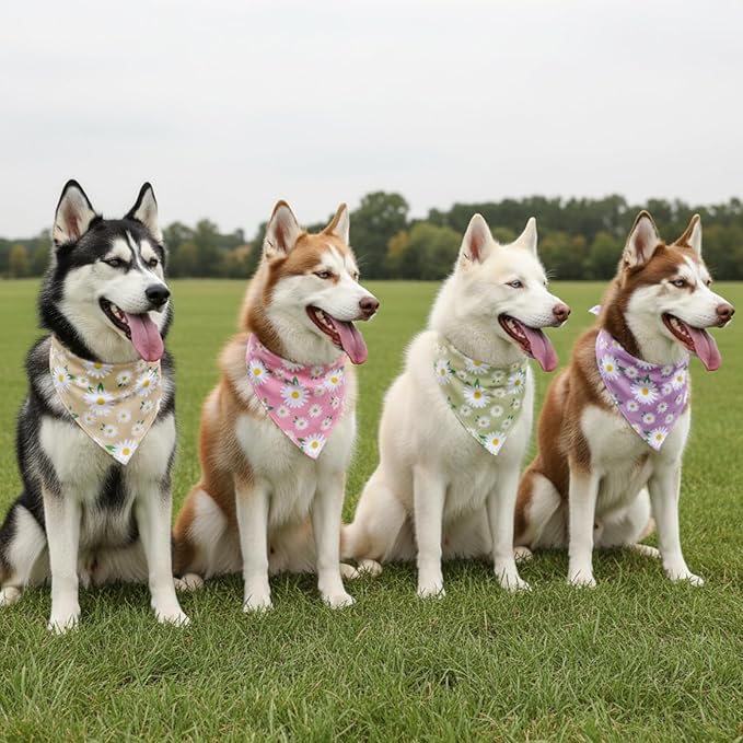 4Pcs Floral Dog Bandanas Girl Large Daisy Triangle Scarf Reversible Spring Bibs Handkerchief Cute Flower Bandanas for Large Dogs Pets